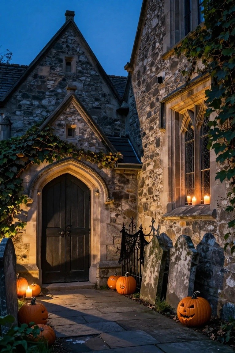 Stone pathway bordered by carved orange pumpkins, faux gravestones with moss, ornamental grasses, and a lit tree near a black wrought iron gate with ivy, in front of houses and yard at dusk.