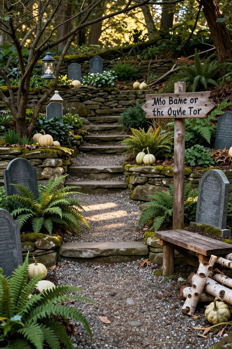 Tiered black stone fountain on a stone patio filled with water and orange candles, surrounded by black glass bottles and autumn leaves, with brooms, hanging herbs, plants, and a black cat statue against a brick wall and open doorway.