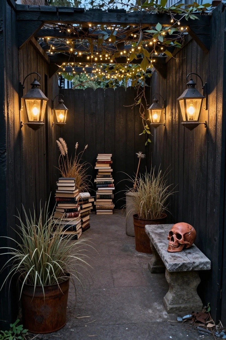 Landscaped garden bed with large black plastic spiders integrated among ornamental grasses and succulents, blue-gray pumpkins, hanging lanterns, and spider webs on a metal arch against a wooden fence.