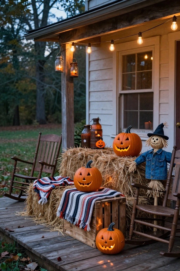Brownstone house with ivy-covered brick facade, front stairs lined with jack-o'-lanterns, black wrought-iron railing draped in cobwebs, dark door with tattered black curtains and witch hat above, lit lanterns flanking the entry.