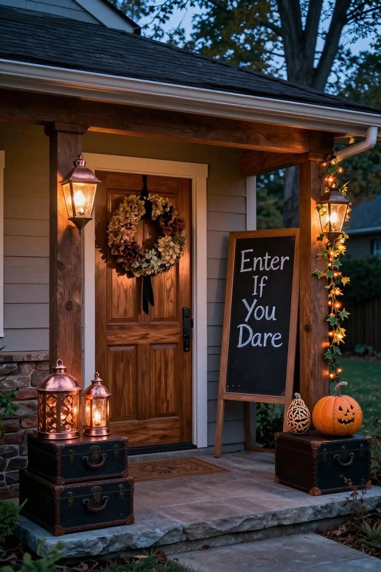 Backyard swimming pool at dusk decorated for Halloween with carved lit jack-o-lanterns placed along the edge, candles, lounge chairs with blankets, spider webs on palm tree, stone wall with ivy, and garden statues.