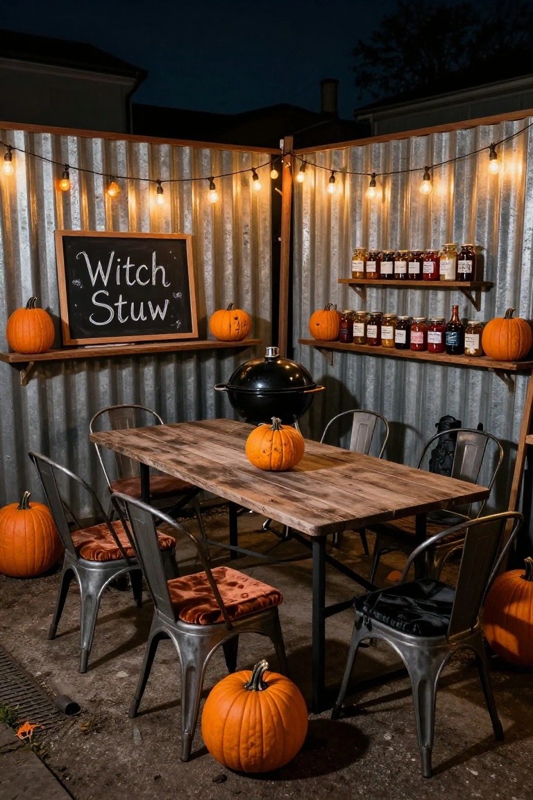 A low stone wall in a backyard lined with multiple carved jack-o-lantern pumpkins, a wooden bench with pumpkins on it, black posts topped with pumpkins, orange garland lights on a wooden fence, and a grassy path with ground lighting.