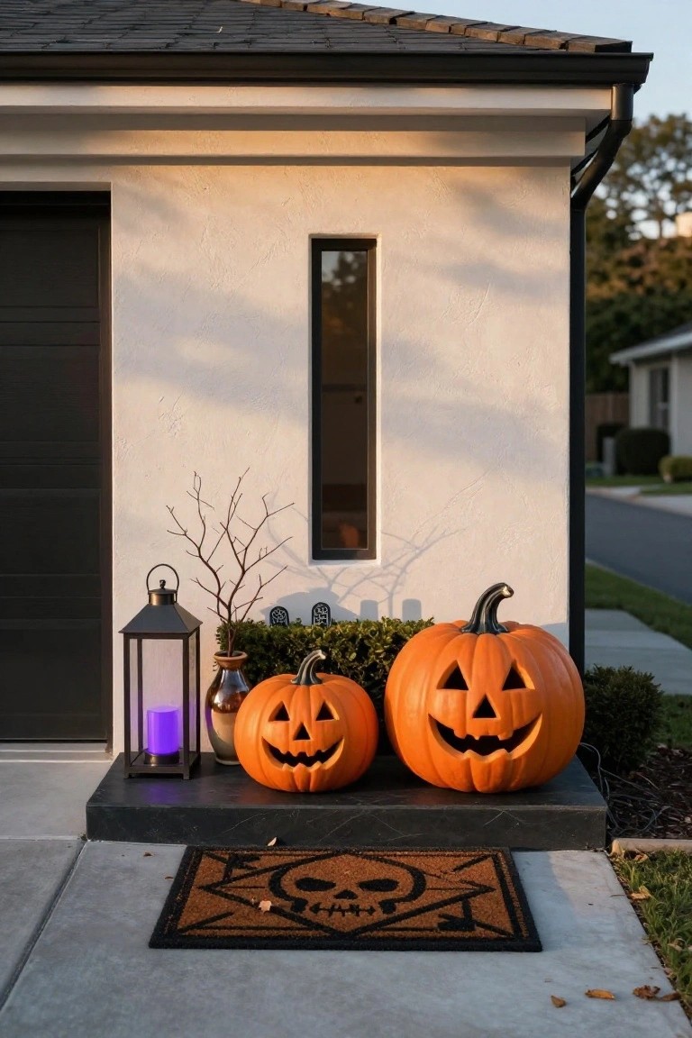 White porch with rope swing on stacked hay bales covered by plaid blanket, surrounded by pumpkins, lanterns, milk cans, cornstalks, and 