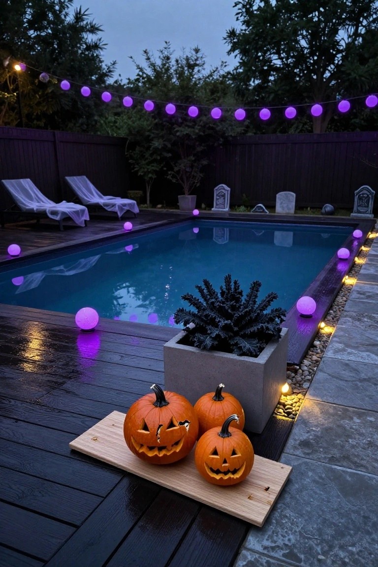 A brick pathway leading to a white house entrance at dusk, lined on both sides with lit jack-o-lanterns on stone bases, flanked by metal torches with flames, skeleton decorations, and a twig archway over the door.