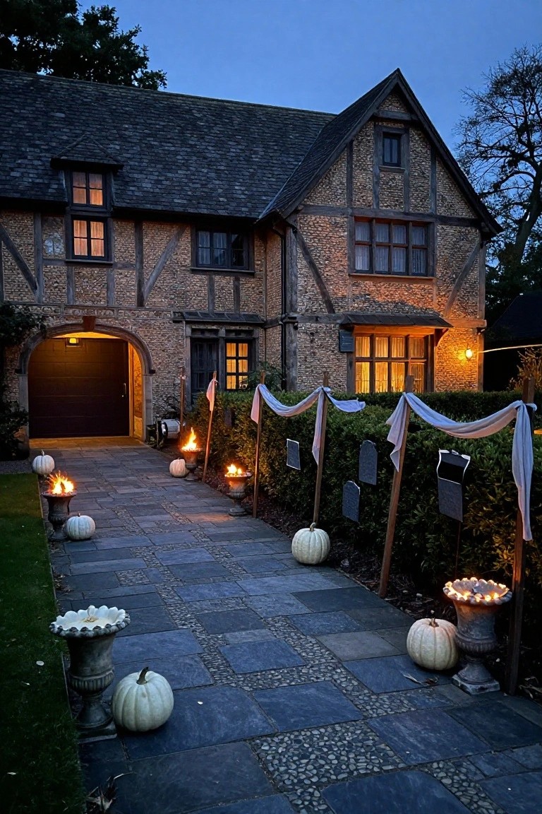 Rustic wooden barn shed with black fishnet netting draped over sliding barn doors, hanging four-arm candle chandelier, stacked wooden crates containing orange and white pumpkins, hay bales, lantern lights, old wagon wheel, and metal bucket on gravel ground at dusk.