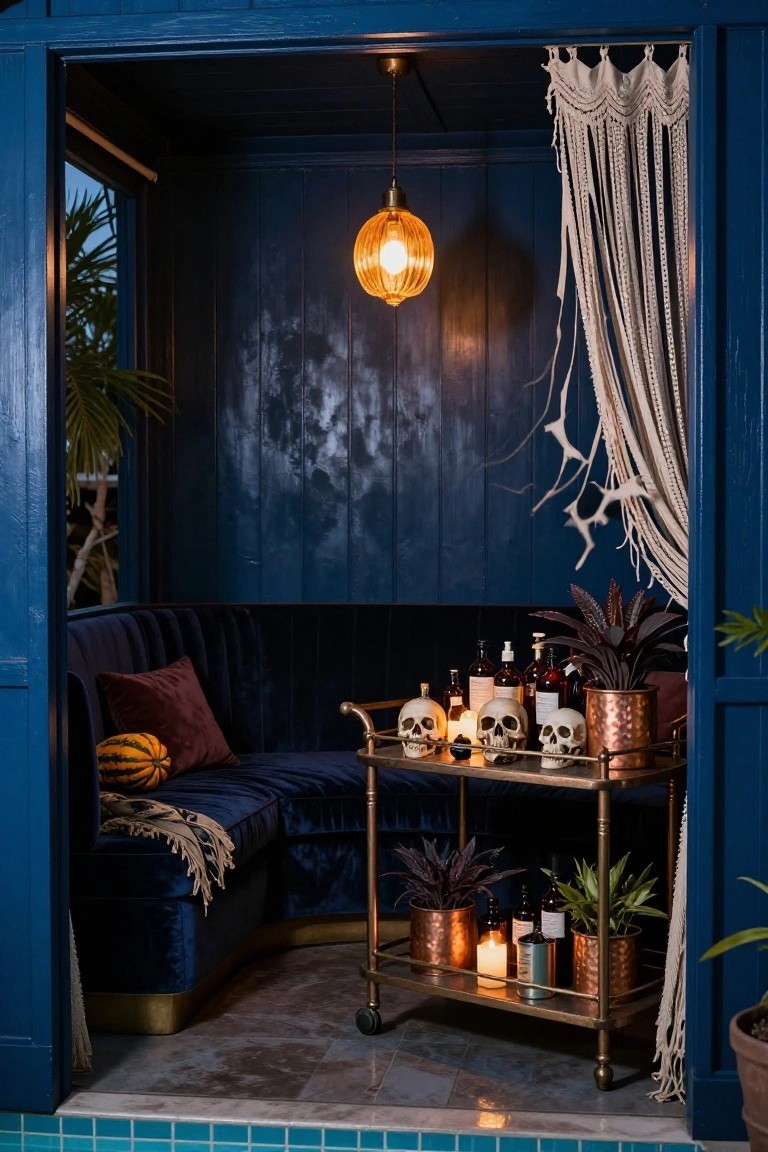 Rusty wheelbarrow overflowing with orange pumpkins, white pumpkins, and grape clusters next to a wooden raised bed of kale, scythe leaning on a weathered fence, lanterns lit nearby in a garden path setting.