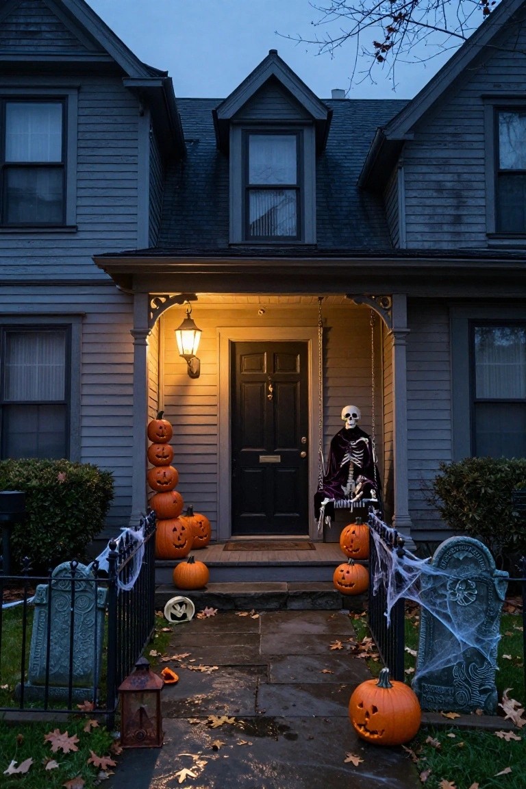 Front porch of a brick house decorated for Halloween with two life-size skeletons seated on the steps, white sheer drapes hanging from the porch ceiling, pumpkins, hay bales, and small tombstones in the yard.