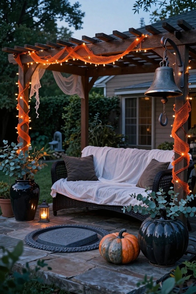 Blue clapboard house exterior with front porch featuring two weathered gray Adirondack chairs flanking a blue door, lit wall lanterns on either side, white sheet draped over the door window, wooden CABBY sign, and clusters of pumpkins and white mums at the base of the steps.