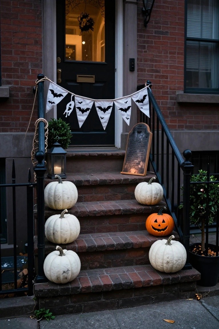 White stucco house facade with dark wooden double door, flanked by lit lanterns, steps lined with pumpkins in terracotta pots and spiky plants, fog at base, bats overhead, and Halloween decorations.