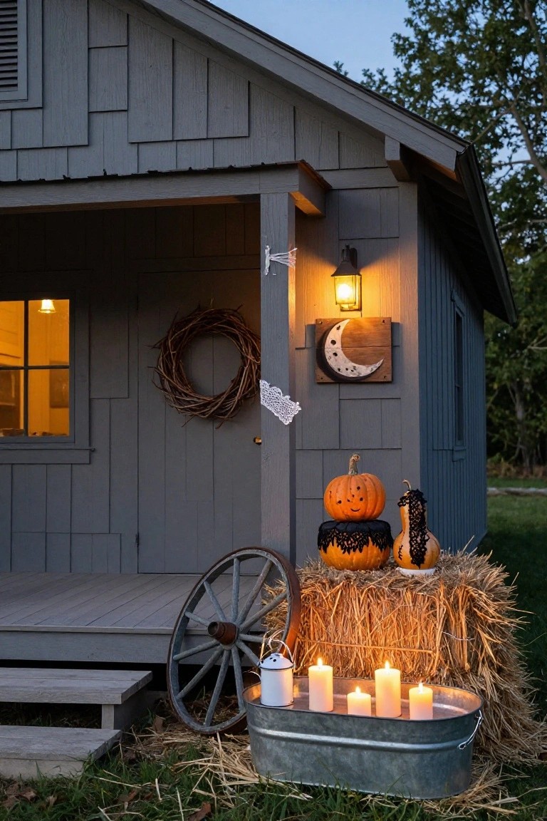 Black wrought-iron gate between stone pillars decorated for Halloween with glowing lanterns on top, bare trees with red roses, skeletons posed in urns at the base, pumpkins on the ground, and a driveway leading to a house at dusk.