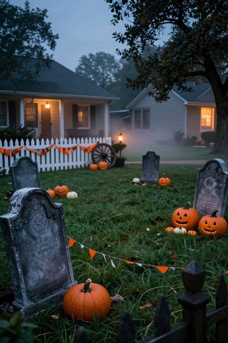 Stone pathway bordered by a low rock wall topped with white plastic skulls and lined with orange pumpkins, flanked by tall ornamental grasses and lit by a hanging lantern in a foggy outdoor garden.