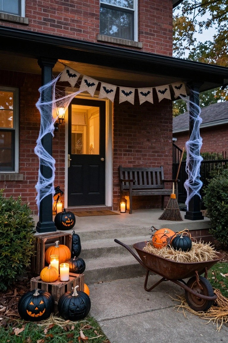 Modern beige stucco house facade with dark wood double front doors, copper wall light, black jack-o'-lantern pumpkins, ornamental grass, spider webs, and black crow on concrete porch steps with gravel path and landscaping.
