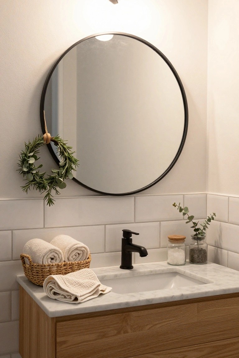 Black round mirror with a wreath of rosemary and eucalyptus hanging from twine above a white undermount sink on a marble vanity, flanked by white subway tiles, wicker basket of folded towels, and glass jars on the counter.