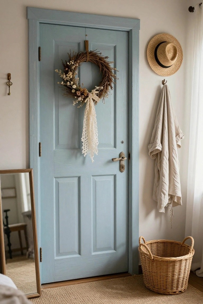 Light blue four-panel interior door decorated with a circular wreath of dried wheat, grasses, and flowers tied with white lace ribbon, next to a wall hook holding a straw hat and linen towel, a full-length wood-framed mirror, and a wicker basket on the floor in a white room with beige rug.