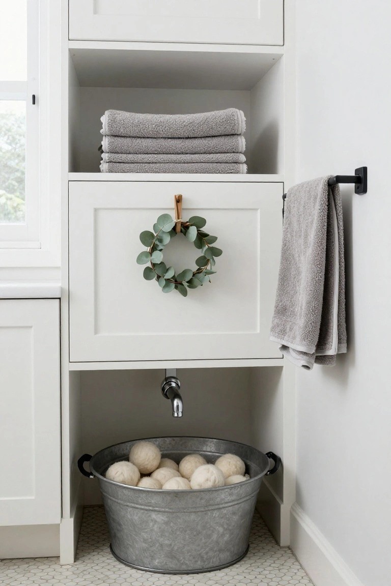 White shelving unit with gray towels, a wreath, and a metal bucket of wool balls.