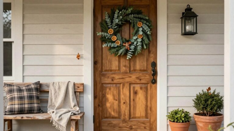 Dark gray paneled front door on a white shiplap house exterior with a large wreath of green pine, eucalyptus, dried orange slices, and cinnamon sticks hanging on it, next to a black lantern light, rustic wooden chair with plaid pillow and cream throw blanket, terra cotta potted shrub, and round seagrass doormat on the porch.