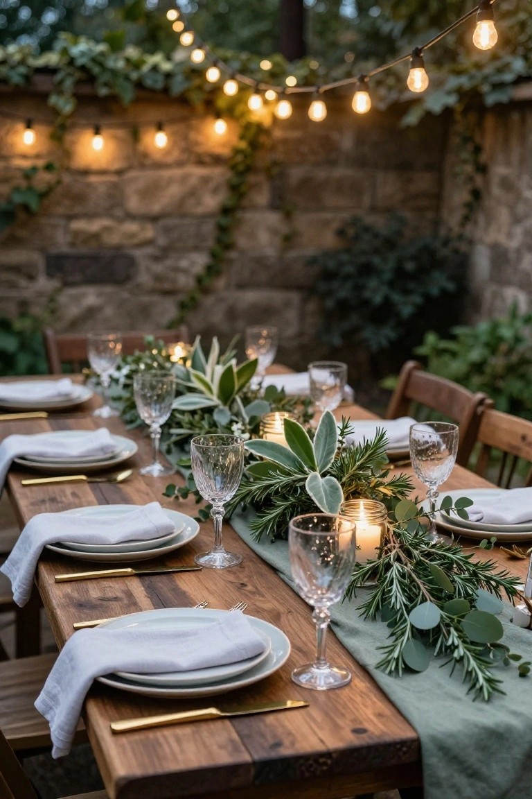 Wooden dining table in an ivy-covered stone-walled outdoor courtyard, set for dinner with white plates, gold flatware, wine glasses, candles, and a long runner of fresh eucalyptus, rosemary, and other green foliage, with string lights overhead.