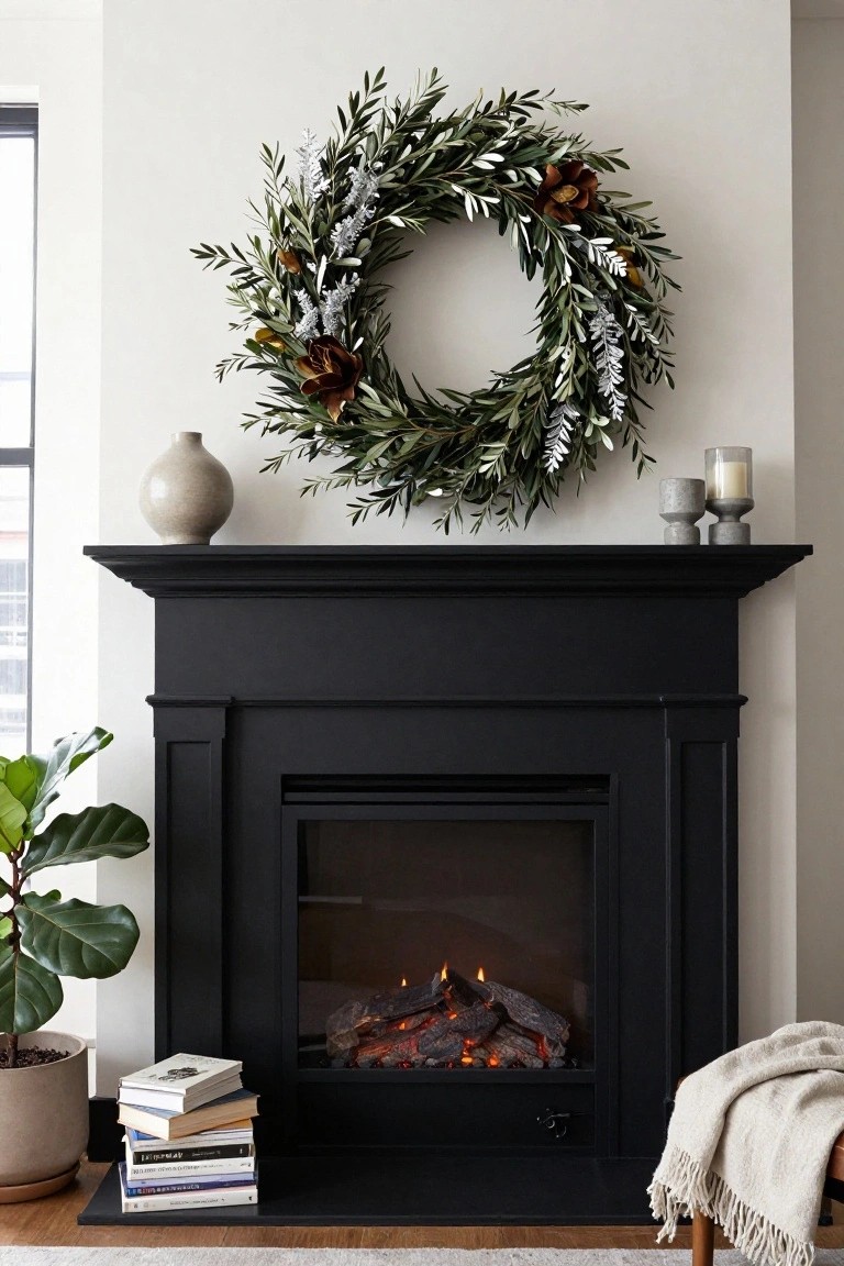 Black fireplace with gas logs burning, topped by a large wreath of green olive leaves, white eucalyptus, and bronze pinecones on the mantel; ceramic vase, stacked books, gray candles, potted fiddle leaf fig plant, and cream throw on wood stool nearby.