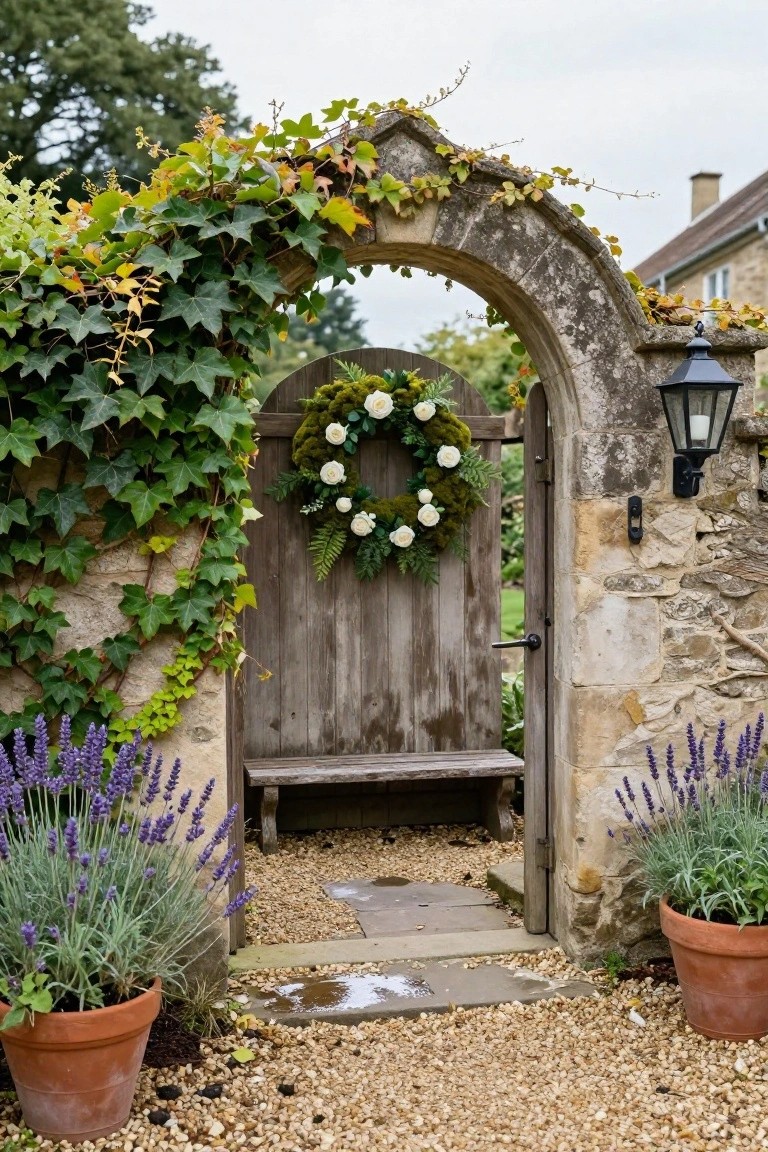 Ivy-covered stone arched gateway with open wooden gate decorated by a round green wreath of moss, ferns, and white roses, purple lavender plants in terracotta pots flanking the entrance, wooden bench inside, gravel path leading through, and black metal lantern on the wall.