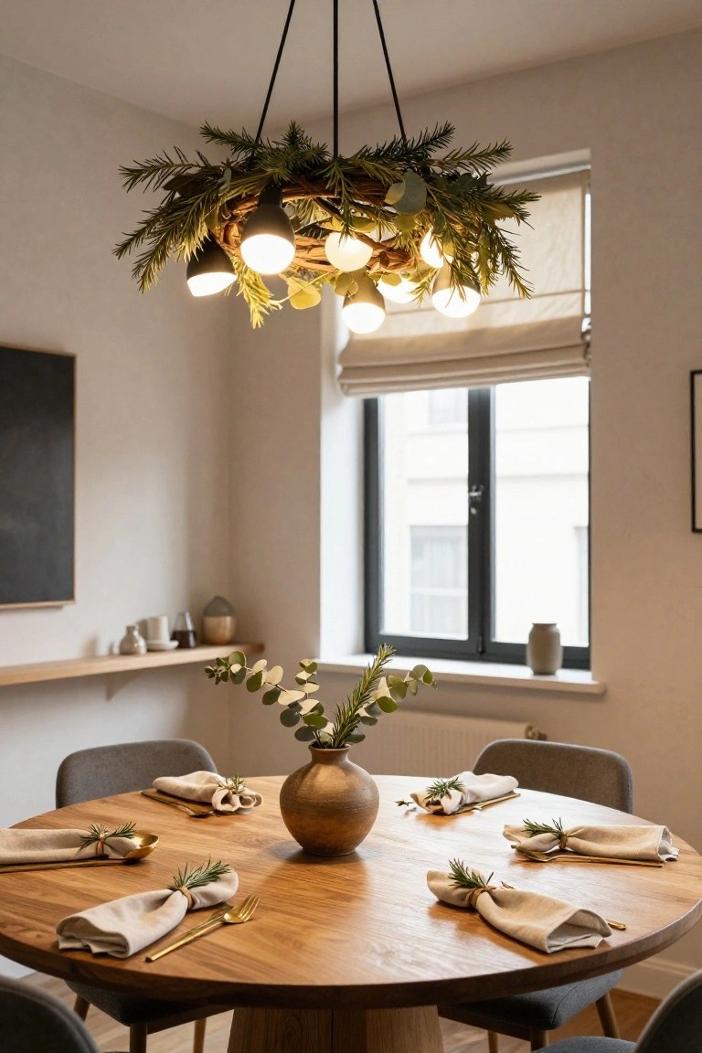 Dining room featuring a round oak table set with beige linen napkins tied with rosemary sprigs and gold flatware, under a black pendant chandelier wrapped in natural evergreen, rosemary, and eucalyptus garland with glowing white bulbs, next to a window with eucalyptus stems in a vase.