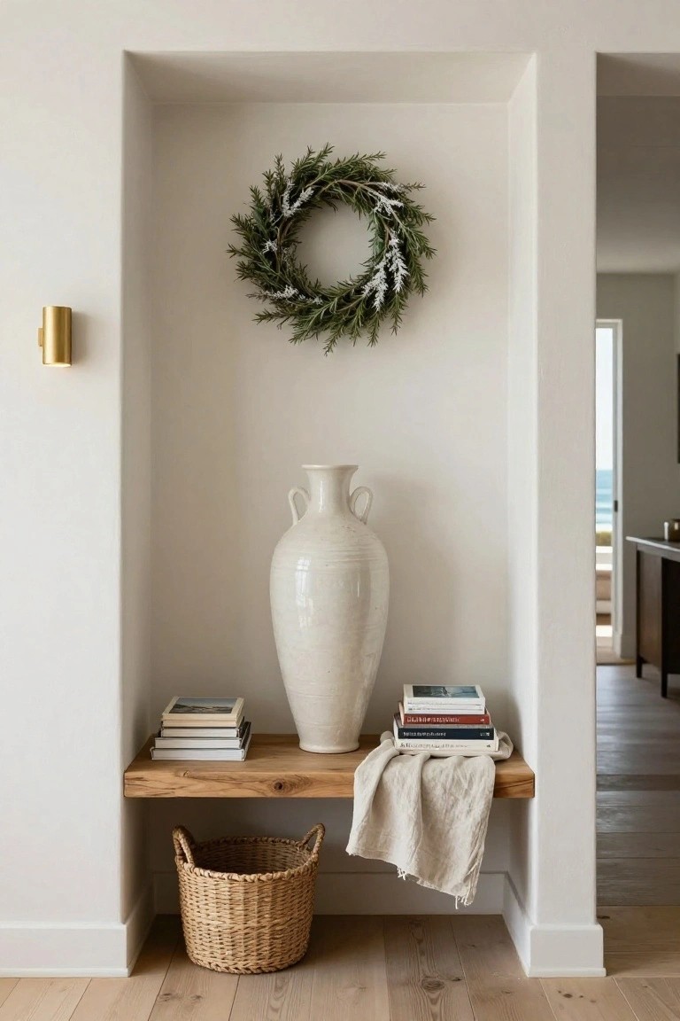 A green rosemary Christmas wreath adorned with white berries hangs centered in a white-walled interior alcove above a floating wooden shelf that holds stacked books, a tall white ceramic vase, a draped linen cloth, and a wicker basket below, with a gold wall sconce to the left and an open door revealing an ocean view to the right.