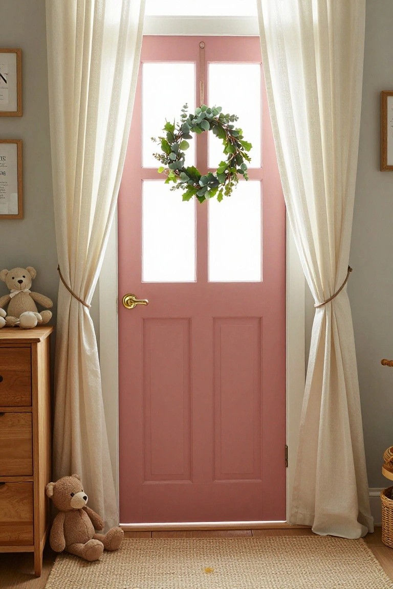 Pink paneled interior door with natural eucalyptus wreath centered on it, white sheer curtains tied back on either side, teddy bears on a wooden dresser nearby in a nursery room.