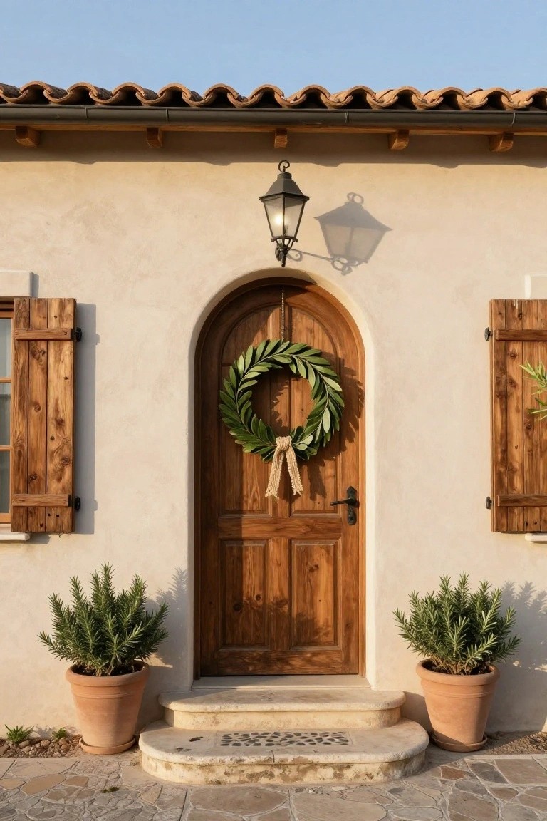 Beige stucco house exterior featuring an arched wooden front door with a large green olive leaf wreath tied with jute, wooden shutters on windows, black lantern light above, and matching terra cotta pots of rosemary plants on stone steps.