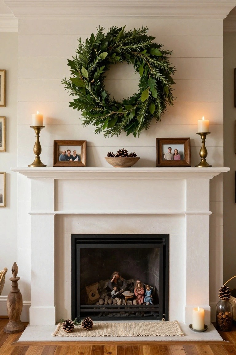 White fireplace with a black firebox containing a lit fire and figurines, mantel topped with candles in brass holders, family photos, pinecones in a bowl, and a large wreath of green rosemary and laurel leaves hanging above on a white shiplap wall.