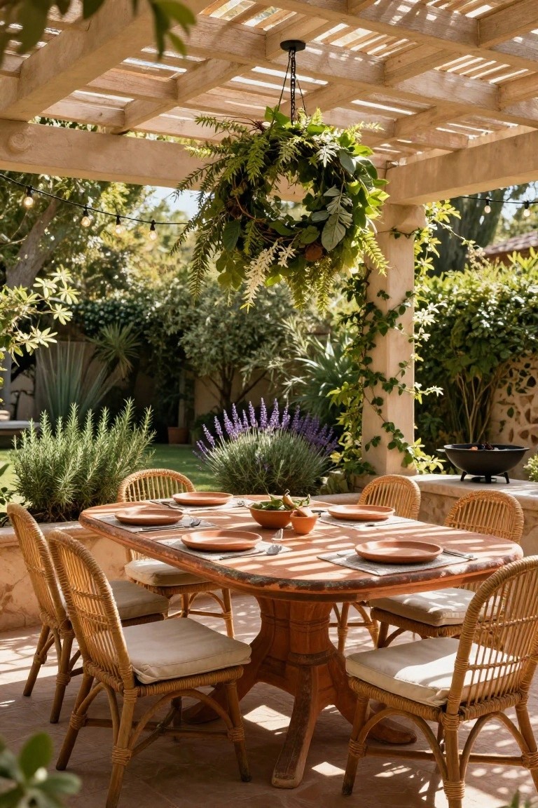 Wooden pergola-covered outdoor dining area with rattan table and chairs set with terracotta plates, a large hanging wreath of ferns and greens overhead, garden plants and string lights around.