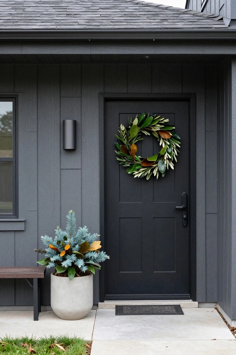 Gray shiplap house exterior featuring a black front door with a large wreath of green olive leaves and brown-edged magnolia leaves, a cylindrical wall light, large white pot of blue-needled conifer and orange magnolia leaves next to a wooden bench, black doormat, and concrete stoop.