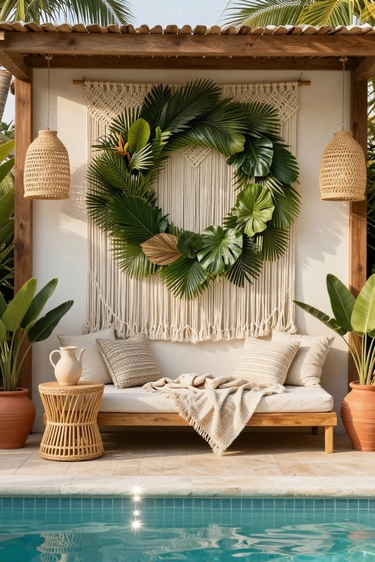 Outdoor lounge area under a wooden pergola with a large circular wreath of green monstera and palm leaves on a white wall, a beige daybed with pillows and throw, rattan side table, potted plants, and turquoise pool in front.