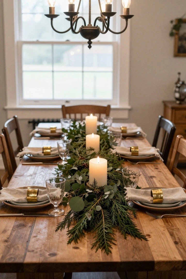 Wooden dining table centered with a garland runner of green eucalyptus, pine branches, and white pillar candles, set with beige linen napkins in gold rings, plates, wine glasses, and flanked by wooden chairs in a light-filled room.