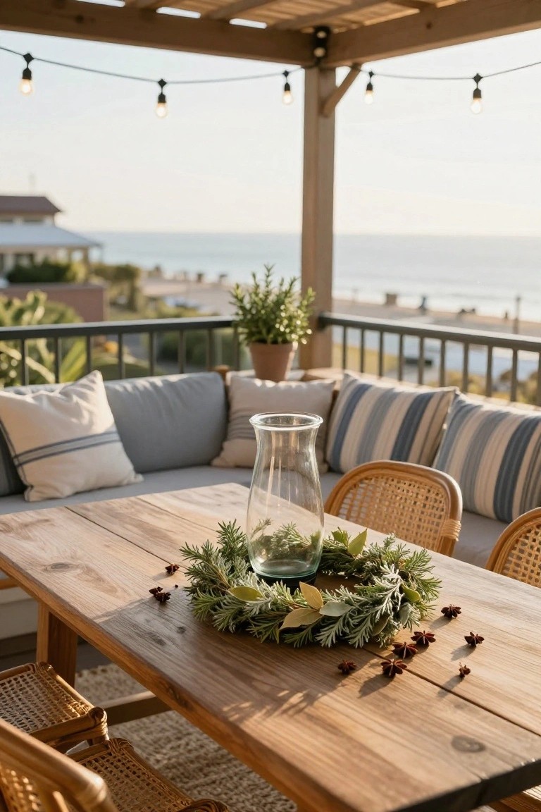 Wooden rectangular dining table on a sunny balcony with a circular wreath of green rosemary, cedar branches, bay leaves, and star anise berries as centerpiece, rattan chairs with blue and white cushions nearby, potted plant and glass vase on seating area, string lights overhead, and ocean view beyond black railing.