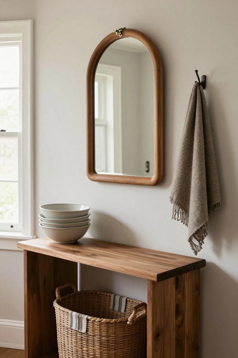 Arched wooden mirror mounted on a light gray wall above a wooden console table with stacked white bowls on top and a wicker basket underneath, gray towel hanging from a nearby wall hook, natural light from a window.