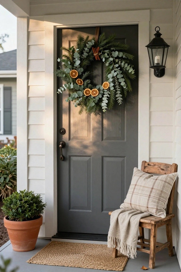 Dark gray paneled front door on a white shiplap house exterior with a large wreath of green pine, eucalyptus, dried orange slices, and cinnamon sticks hanging on it, next to a black lantern light, rustic wooden chair with plaid pillow and cream throw blanket, terra cotta potted shrub, and round seagrass doormat on the porch.