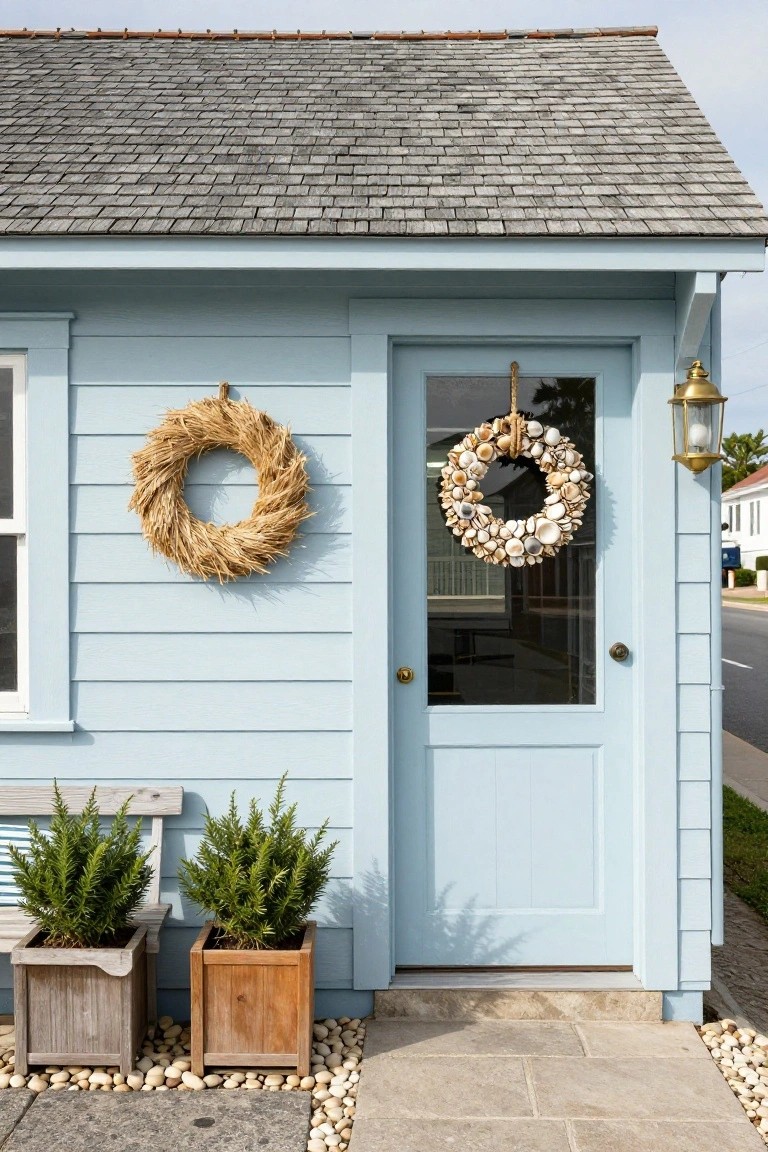 Light blue clapboard house exterior with a blue glass-paneled door adorned with a seashell wreath, a straw wreath hanging on the wall beside it, wooden planter boxes with shrubs on a bench, a brass lantern light, gravel edging, and a stone pathway.