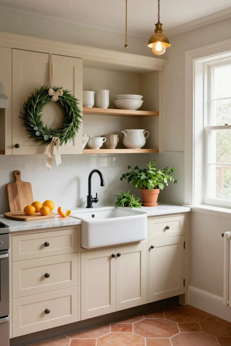 Cream Shaker-style kitchen cabinets with a rosemary wreath hanging on the doors above a white farmhouse sink, wooden cutting board with oranges on the marble countertop, and potted plants on the windowsill.