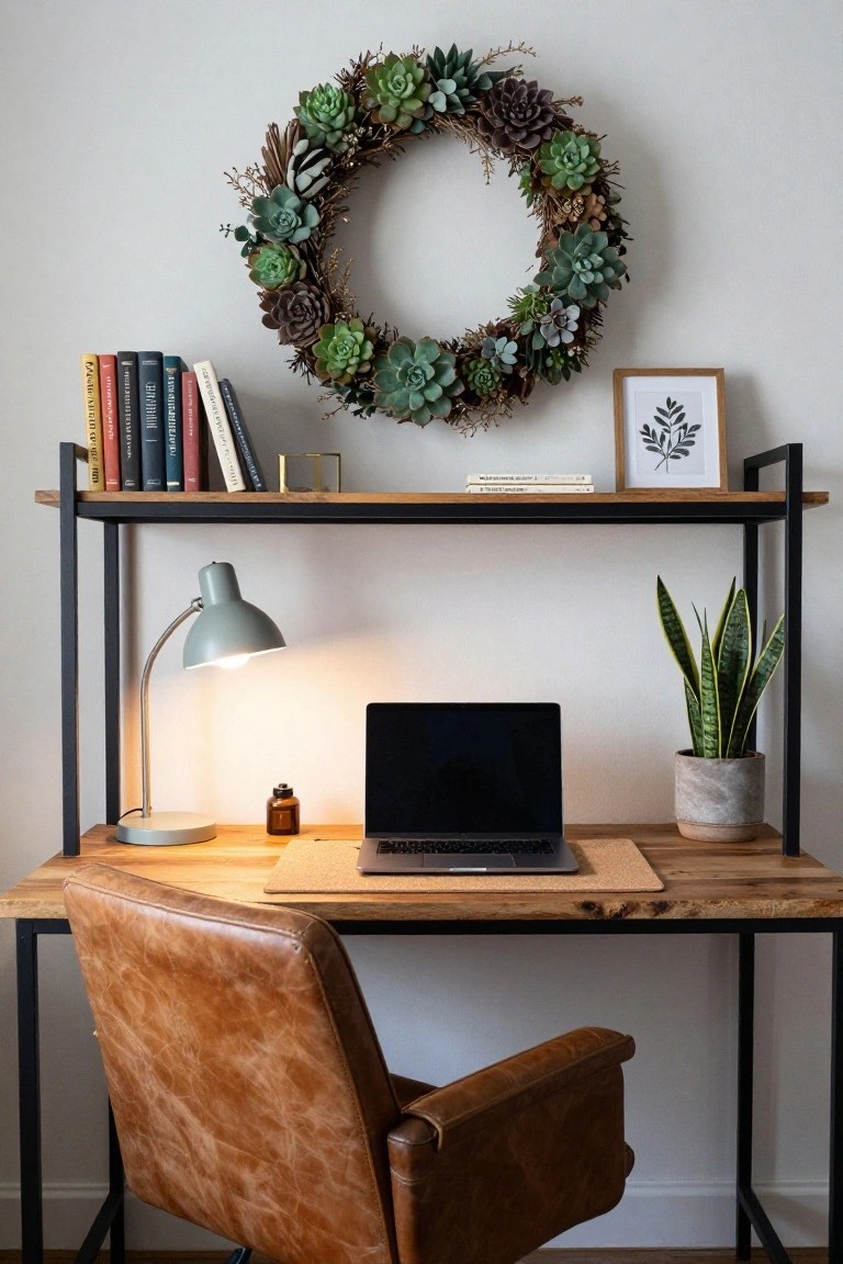 Home office with black metal shelves holding books and a small picture frame, a gray desk lamp lit up, closed MacBook on wooden desk with tan leather chair, gray pot with snake plant, and large circular wreath of green succulents on white wall.