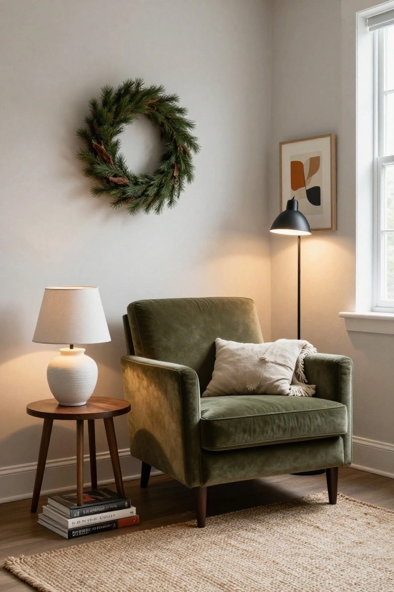 Cozy interior room corner with light gray walls, a natural evergreen Christmas wreath hung on the wall, green velvet armchair with cream pillow, white ceramic table lamp on wooden side table with stacked books, black floor lamp, abstract geometric framed artwork, and beige jute rug on wood floors.
