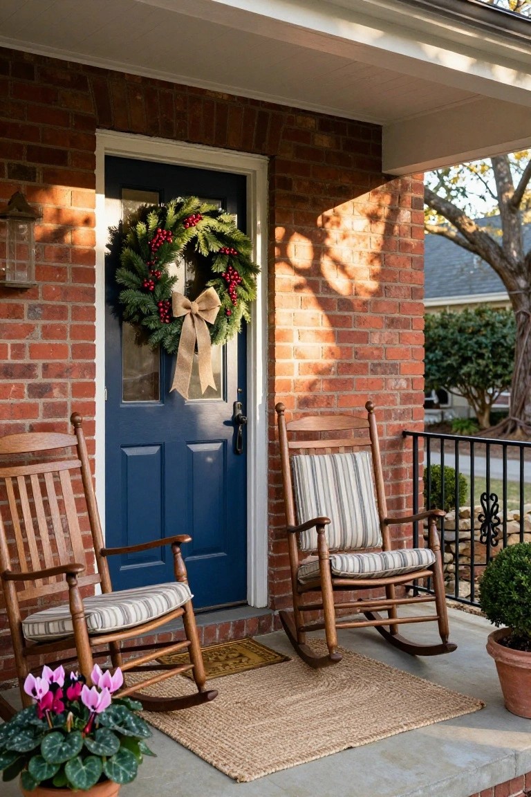 Brick house exterior with navy blue front door hung with a large evergreen Christmas wreath featuring red berries and burlap bow, flanked by two wooden rocking chairs on the porch steps with potted pink cyclamen plant.