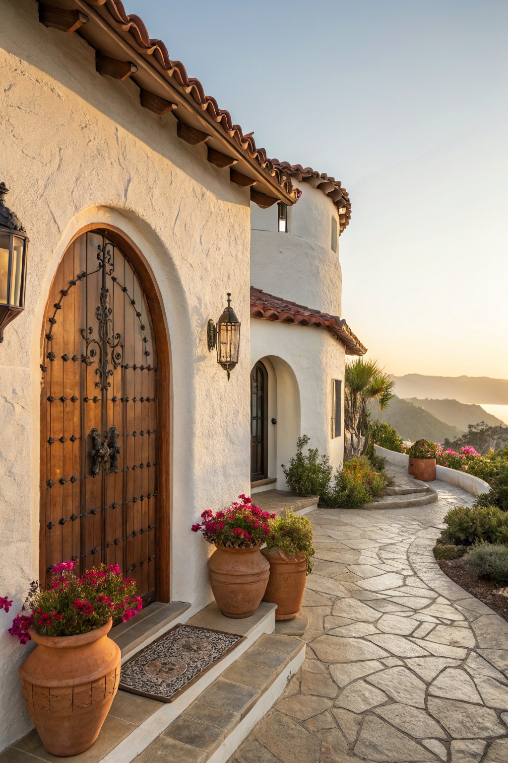 White stucco house exterior with a large arched wooden front door featuring wrought iron details and knocker, flanked by lanterns and terracotta pots of pink flowers on a stone step, with a curving flagstone path and landscaping nearby at sunset.