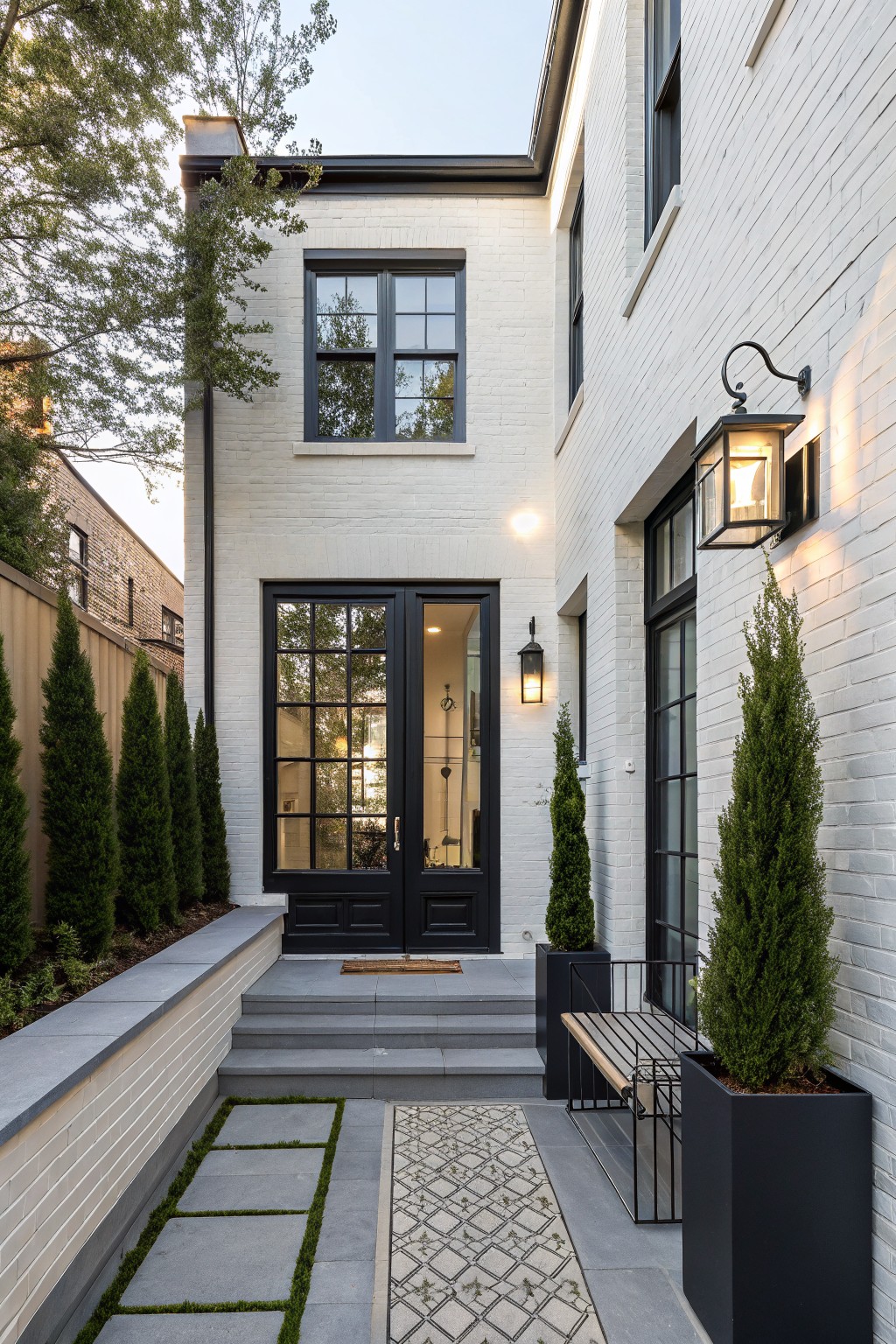 Side exterior of a two-story white brick house with black-framed double glass doors, matching sidelight windows, wall-mounted lanterns, gray concrete steps, a metal bench, potted arborvitae trees, and a stone pathway with moss patches.