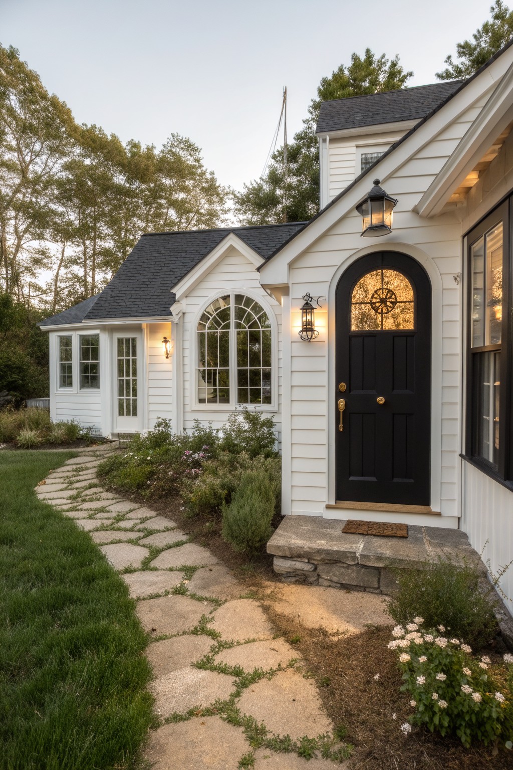 White shingle-style house exterior with black arched paneled front door featuring a round window, flanked by wall lanterns, stone pathway through garden beds leading to entry stoop.