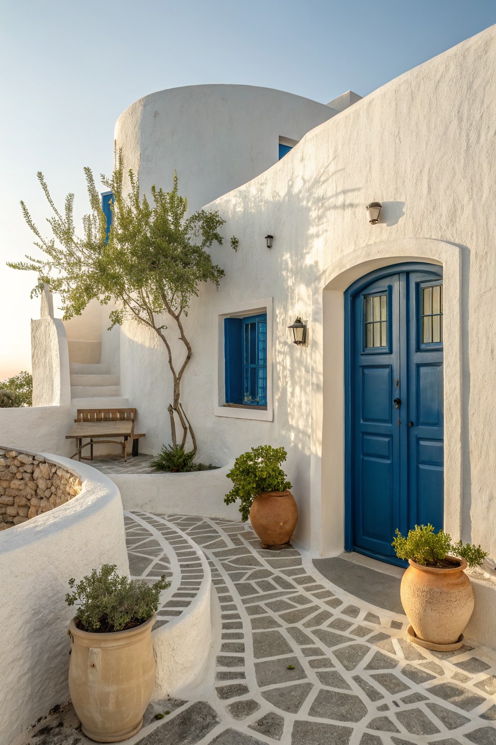 White curved stucco house exterior with blue double front doors, blue shutters on windows, terracotta pots with plants, stone pebble pathway, wooden bench on stairs, and small tree nearby at dusk.