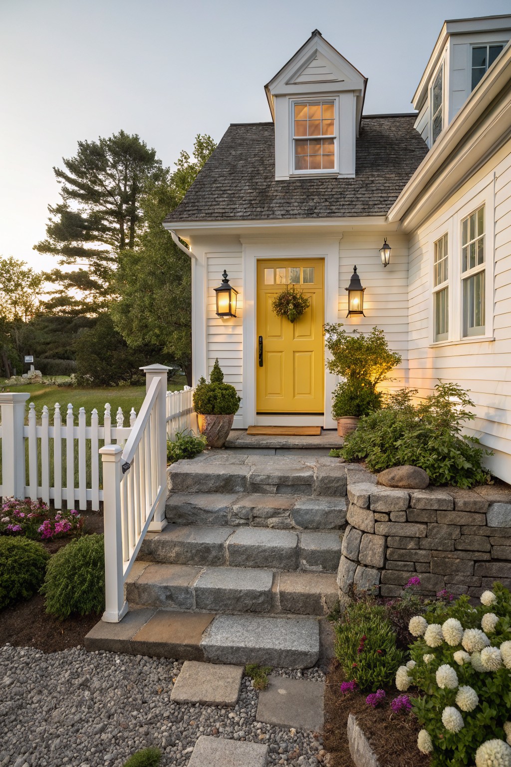 White clapboard house exterior with gabled roof dormer, yellow front door flanked by black lanterns and a wreath, stone steps from white picket fence gate, and surrounding low plantings and stone wall.