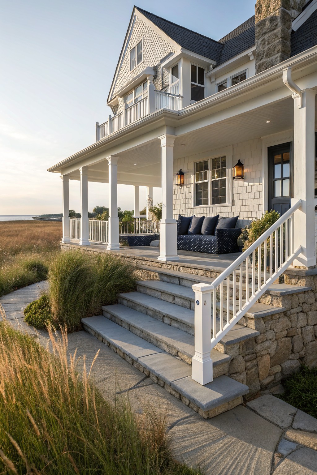 White shingle-style house exterior with wraparound porch, white columns, navy sofa cushions, stone foundation, and steps amid tall grasses near a watery horizon.