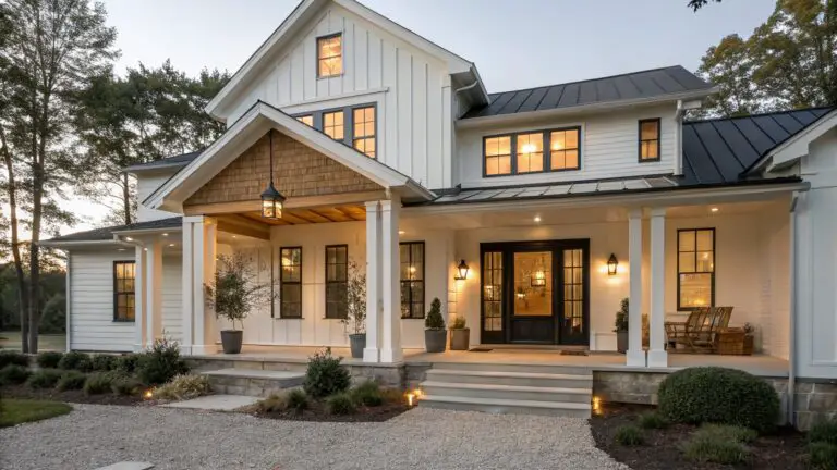 White board-and-batten sided house exterior with covered front porch, wood plank ceiling, central hanging lantern, flanking wall lanterns, dark double doors, stone steps, gravel path, potted plants, shrubs, and overhanging tree branches at dusk.