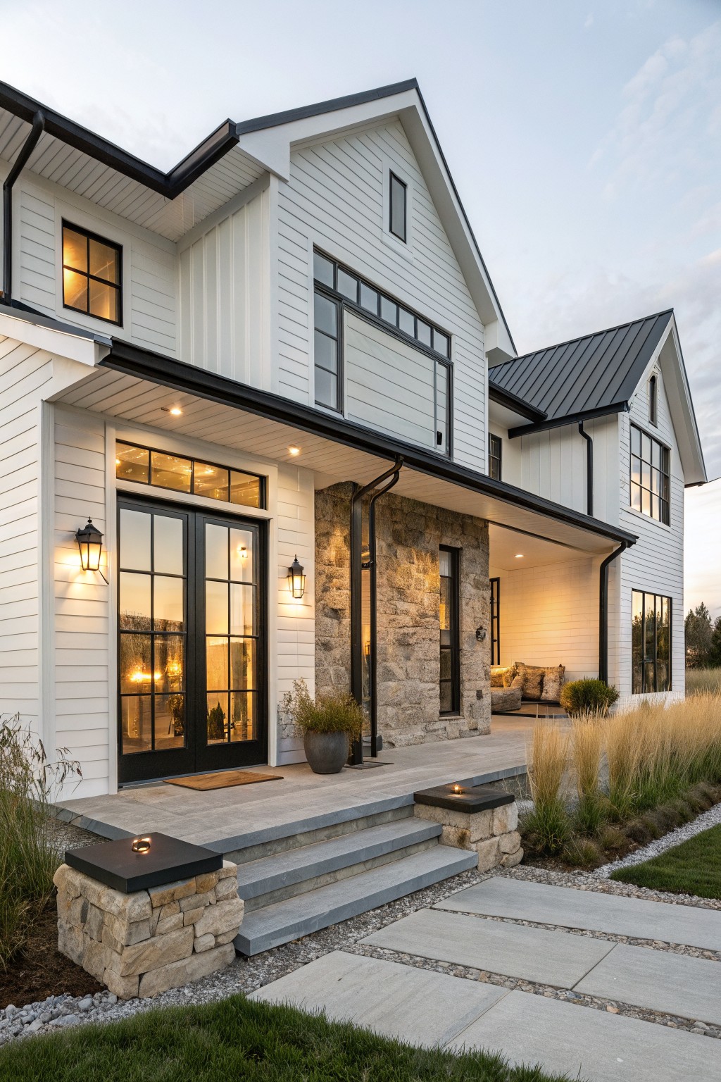 Side exterior view of a two-story white board-and-batten house with black metal roof, black-framed windows, covered porch supported by stone pillars, stone steps to double doors, paver pathway, and ornamental grasses at dusk.