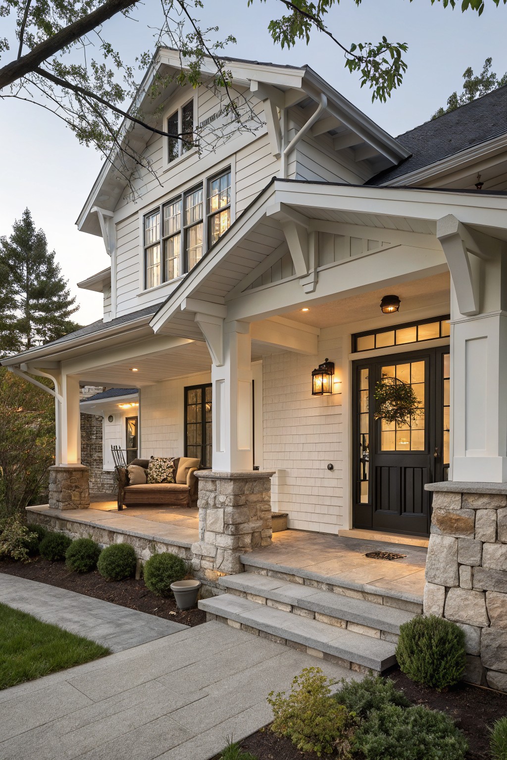 White shingle-style house exterior with covered front porch supported by stone piers and white tapered columns, black front door with sidelights, lanterns, potted plants, and landscaping along a stone pathway at dusk.