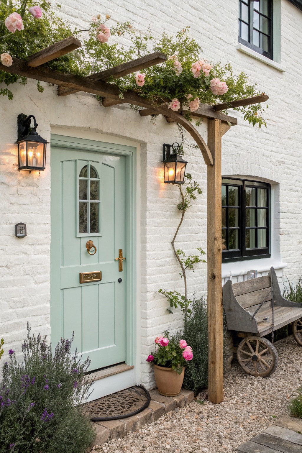 White brick house exterior with arched mint green front door under wooden pergola covered in pink climbing roses, black lanterns on walls, potted pink roses and lavender plants, wooden cart bench nearby on gravel path.